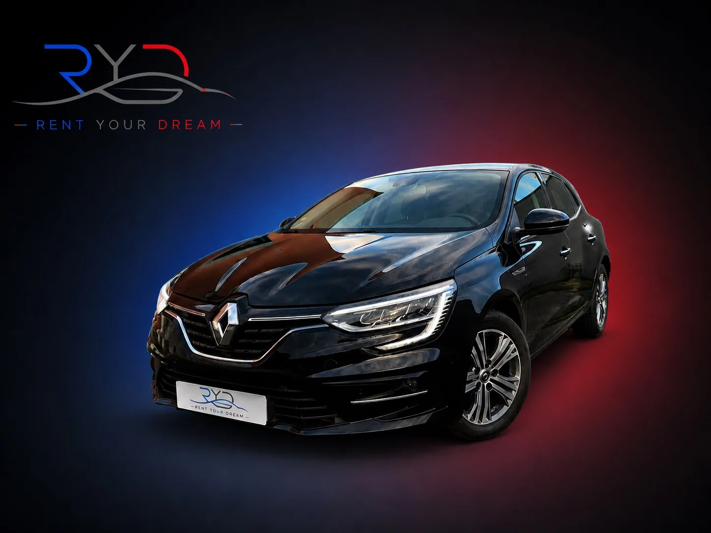Black Rent Your Dream Renault Mégane 4, front three-quarter view on a studio background